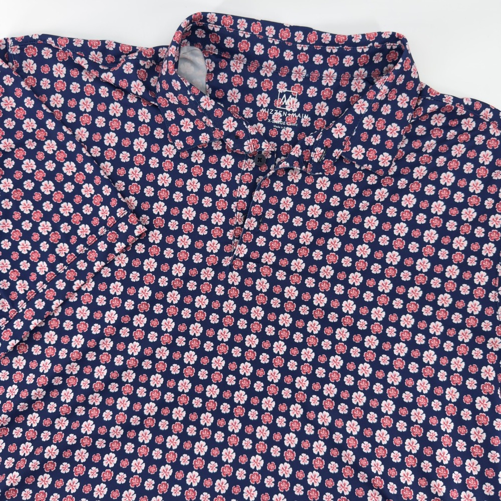 Mizzen + Main Mens XL Classic Fit Floral Polo Shirt Navy Blue Red Hibiscus Print